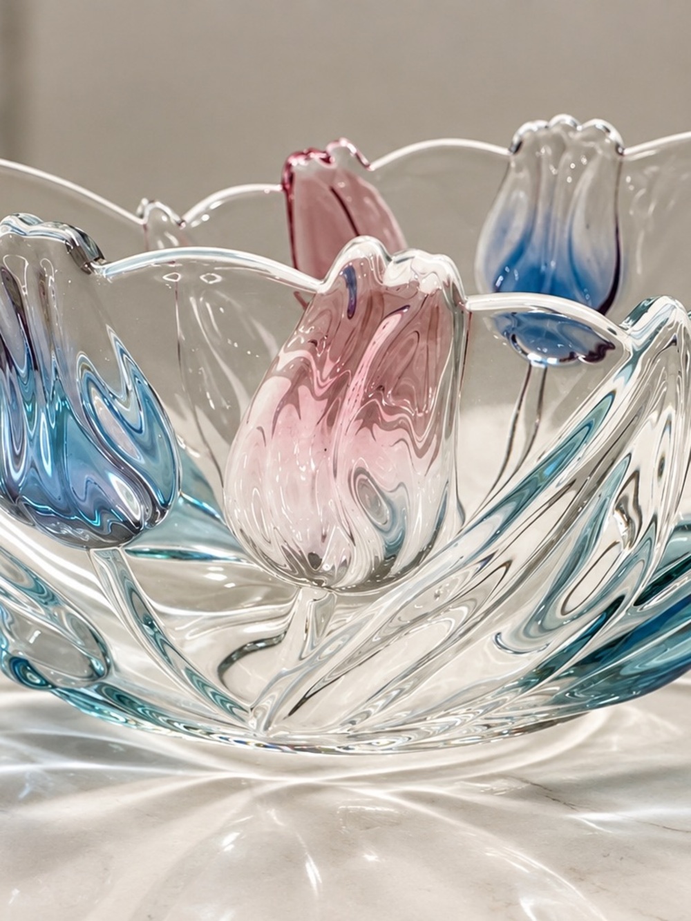 Mikasa Tivoli Walther Glass Pink Blue Tulip Art Glass Centerpiece Bowl 10”